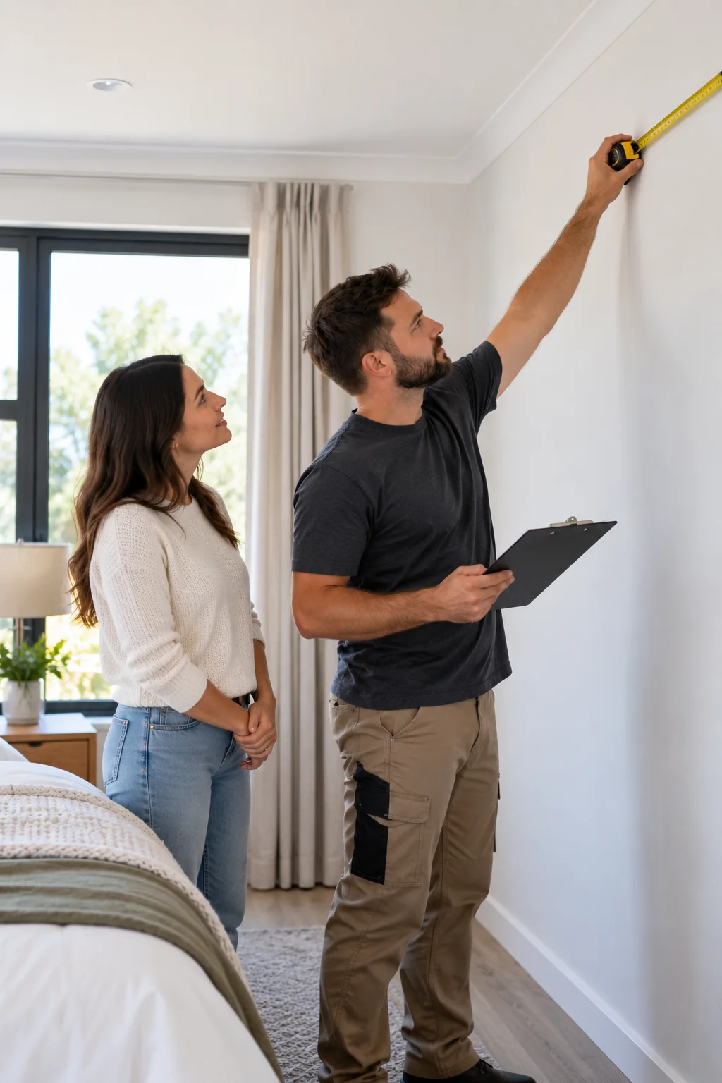Technician measuring a bedroom wall for a new aircon while the homeowner looks on