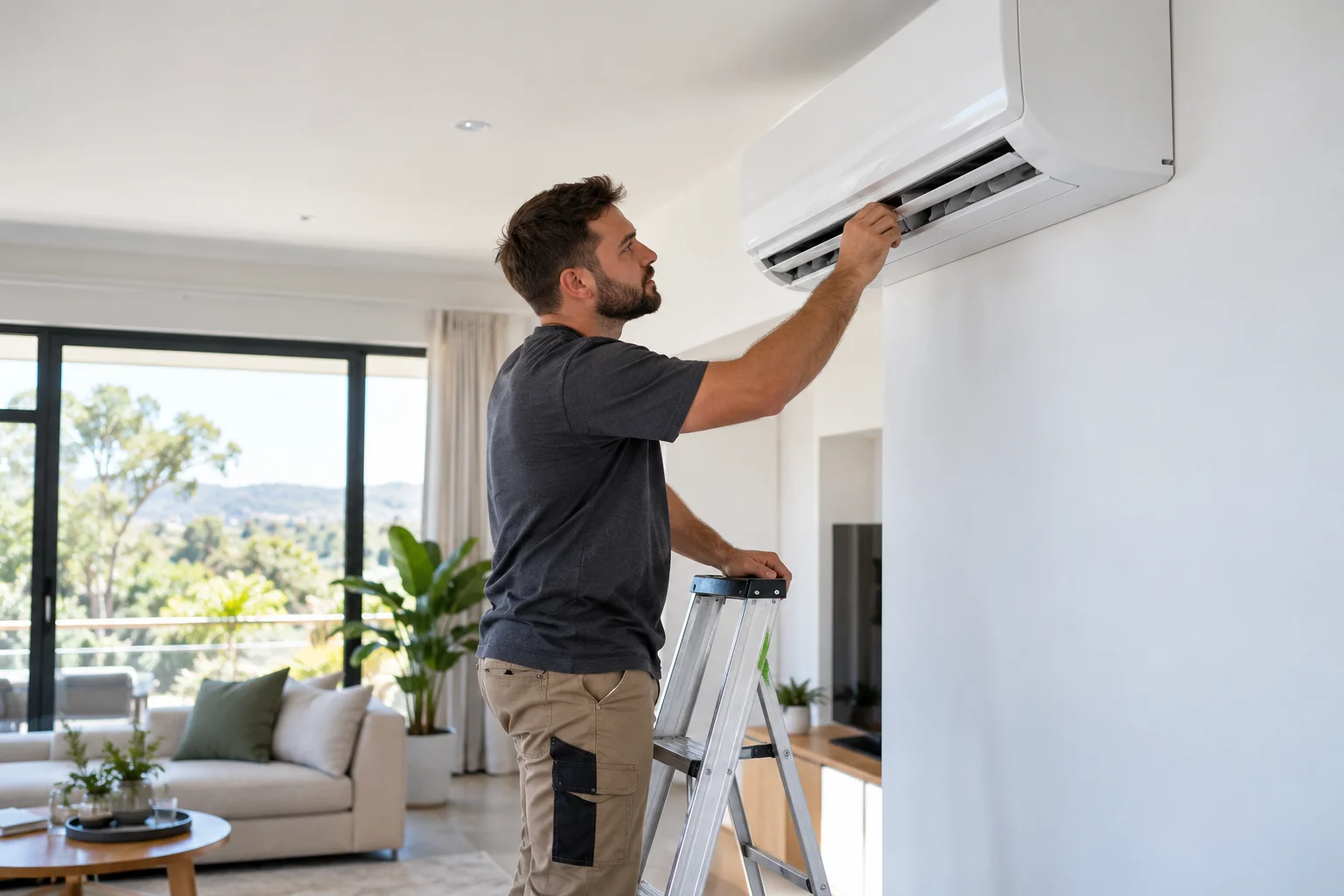 Technician on a step ladder fitting a wall-mounted split aircon in a modern living room