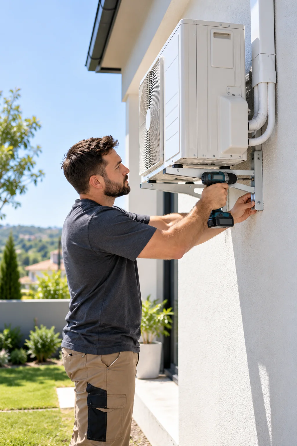 Technician fixing the outdoor unit of a split aircon to wall brackets with a cordless drill