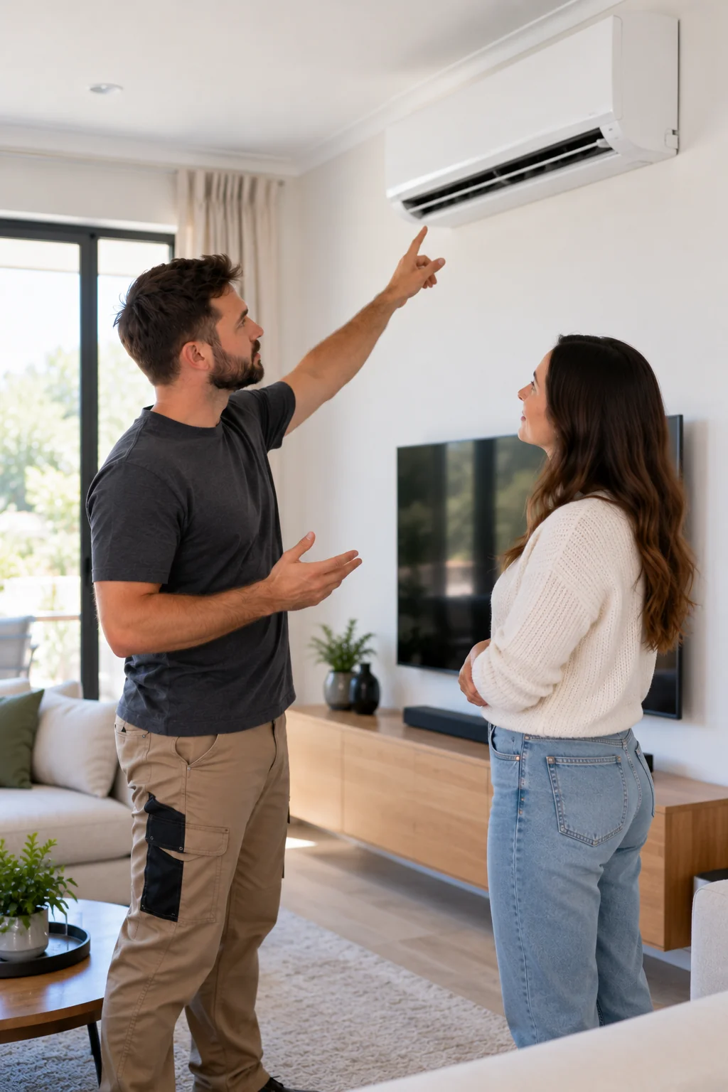 Technician pointing to a wall-mounted aircon while explaining a fault to a homeowner