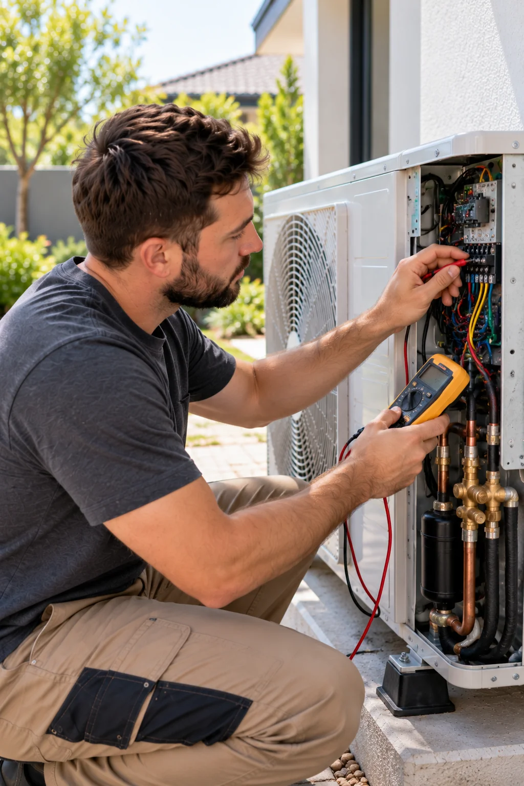 Technician testing the wiring of an outdoor aircon unit with a multimeter