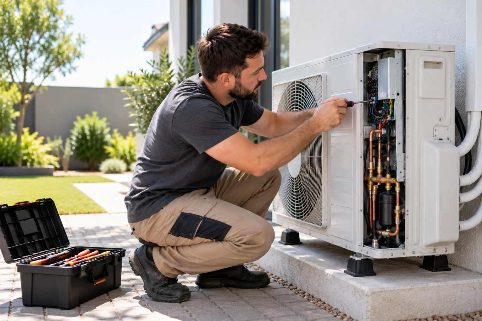 Technician repairing an outdoor aircon unit with the service panel removed