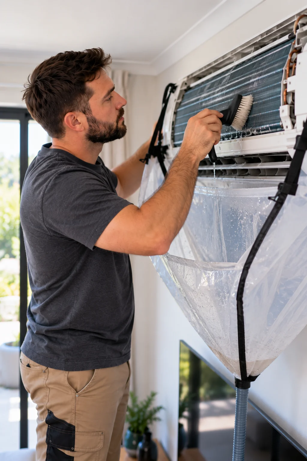 Technician brushing the coil of an indoor aircon unit clean, with a wash bag fitted to catch the water