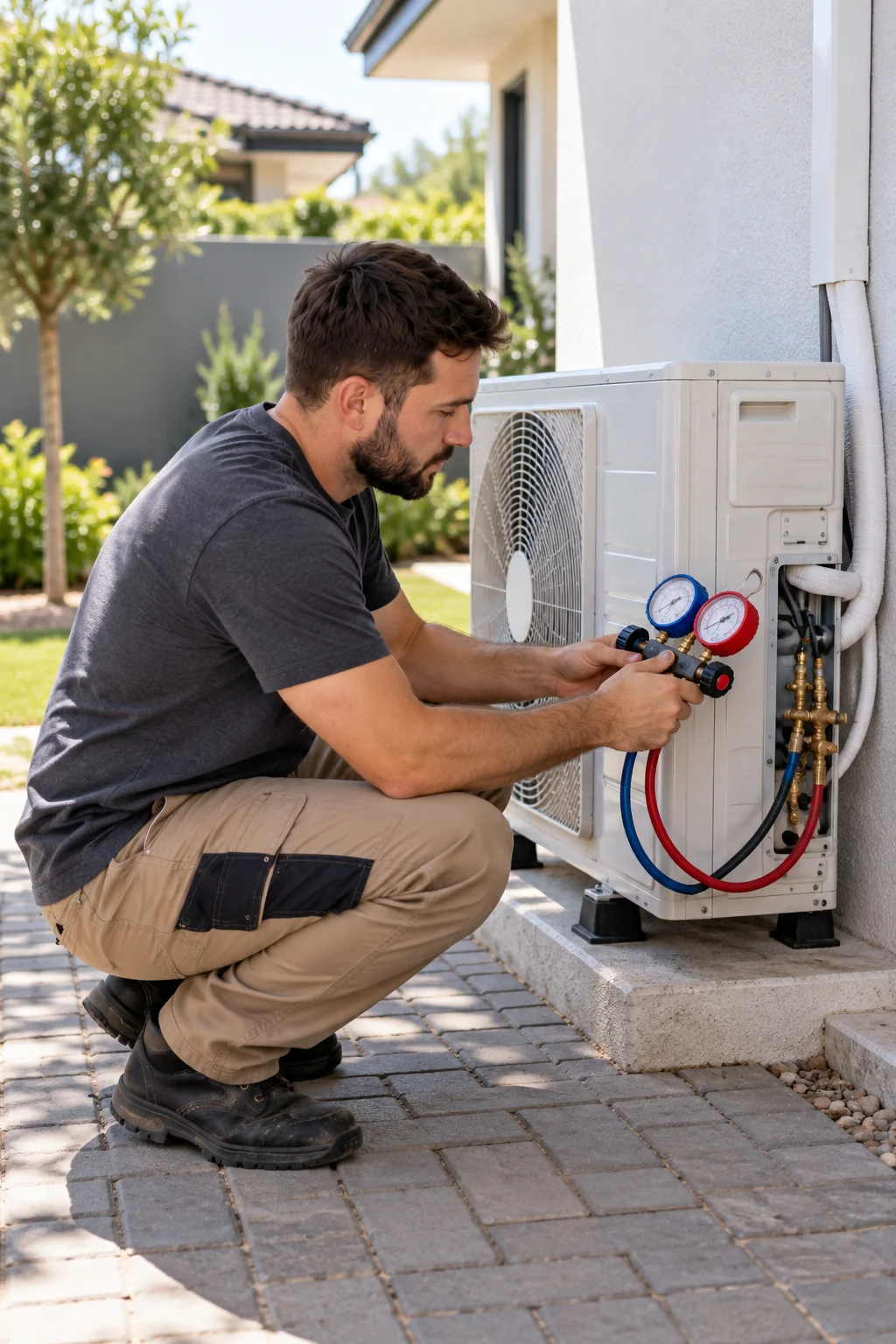 Technician checking the gas pressure of an outdoor aircon unit with manifold gauges