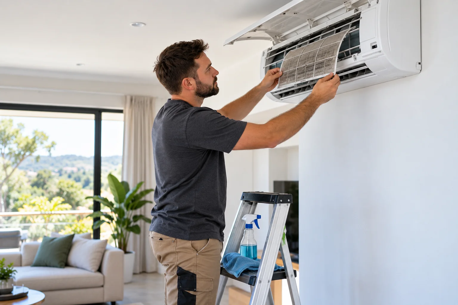 Technician removing a dusty filter from a wall-mounted aircon during a service